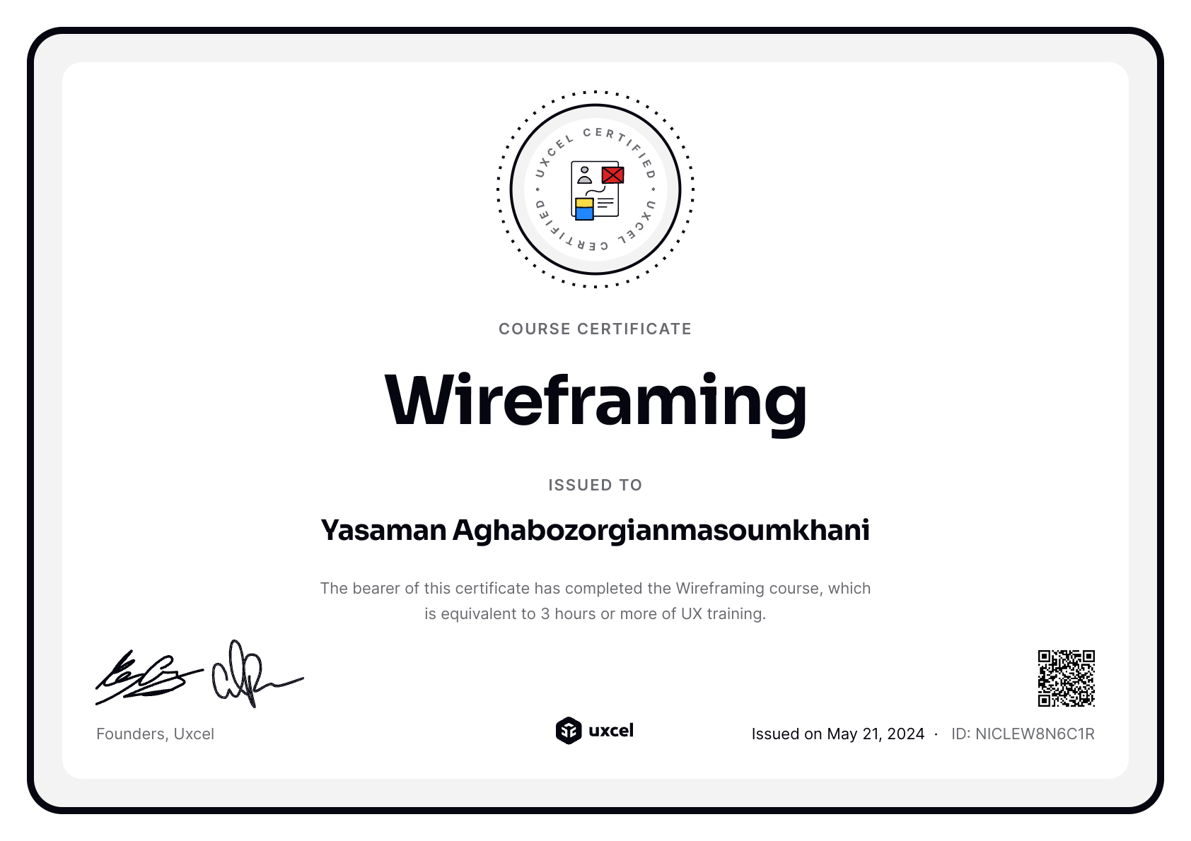 Yasaman Aghabozorgianmasoumkhani's certificate